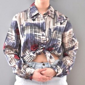 Vintage Shiny Metallic Blue & Gray Floral Button Down Business Casual Top